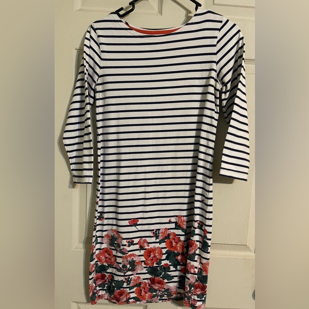 Joules Striped/ Floral-Border Stripe Three-Quarter Sleeve Dress Size 6